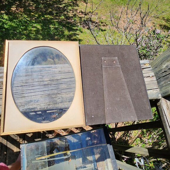 Antique Ornate Brass Oval Glass Picture Frame With Gold Matting & Fabric Backing - Picture 2 of 14